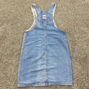 VTG Lee Dress Girls 14 Dark Blue Jean Denim Sleeveless Cotton Pockets Fade USA